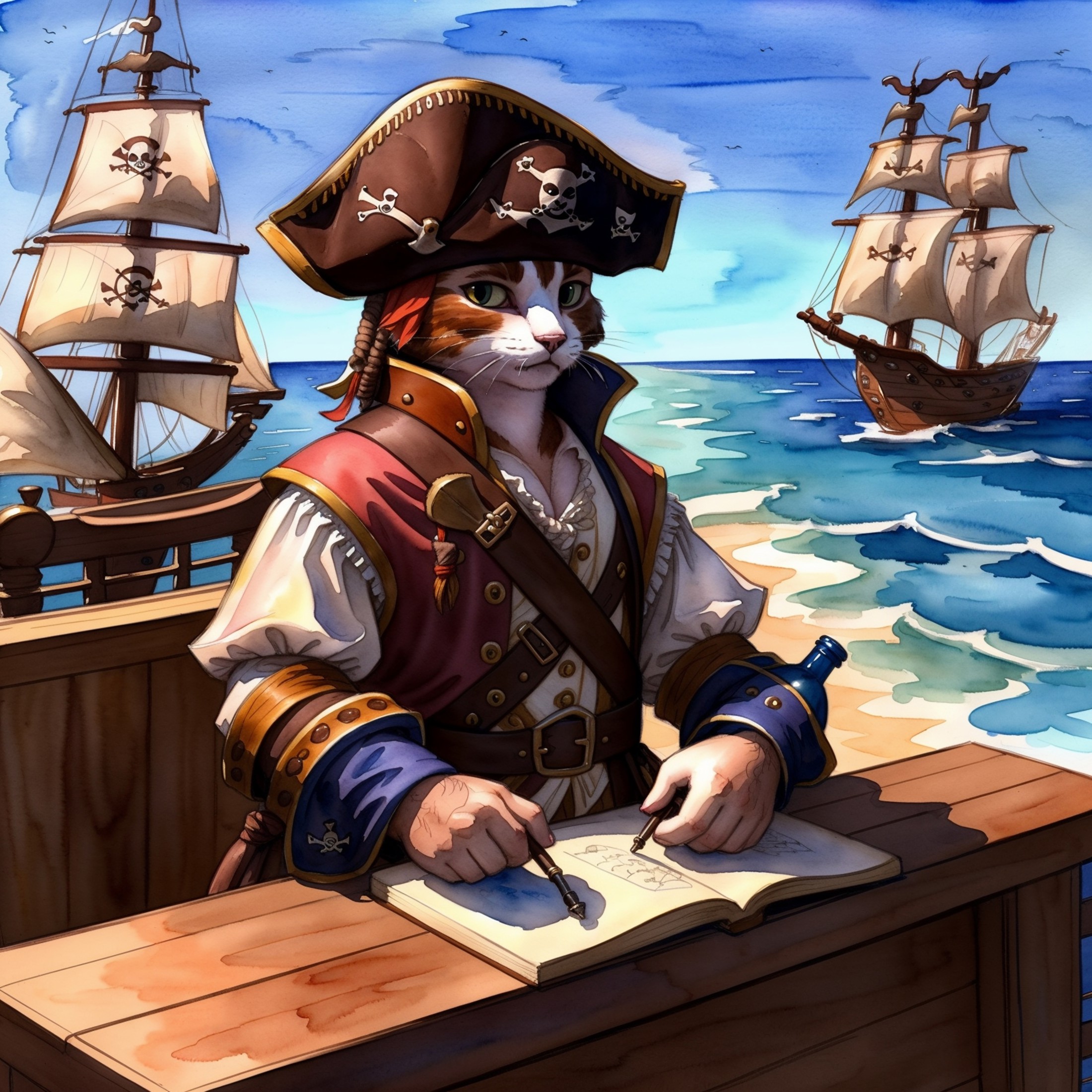 Watercolor painting ((beautiful pirate cat )),wearing pirate outfit, drinking a bottle of rum, (looking over a village fro...